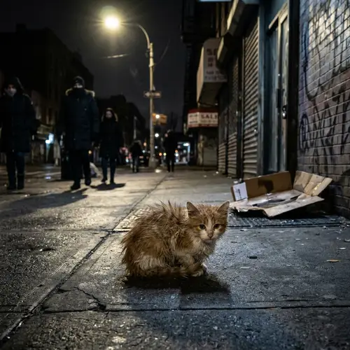 Lonely Kitten Under Dim Street Lamp
