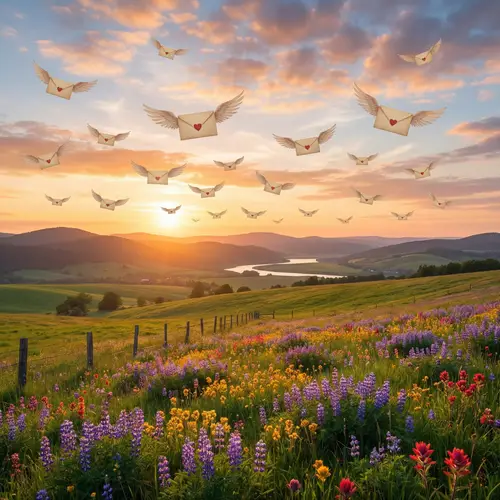 Spring Sunset Banner with Flying Envelopes
