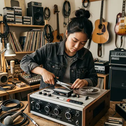 Vintage Tape Recorder Cut by Skilled Asian Woman in Music Studio