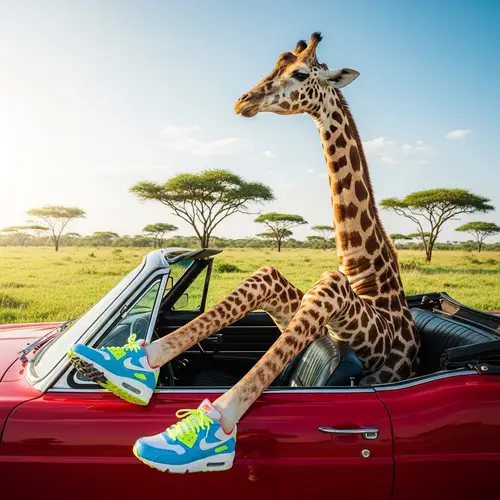 Giraffe Driving a Car in Nike Shoes