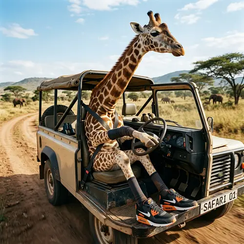 Giraffe Driving a Car in Nike Shoes