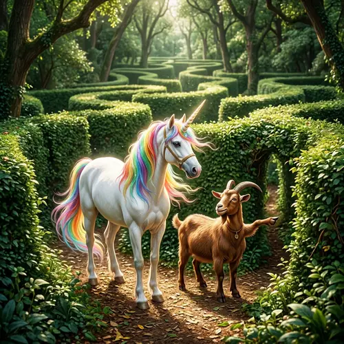 Majestic White Unicorn and Friendly Goat in Labyrinth Forest Maze