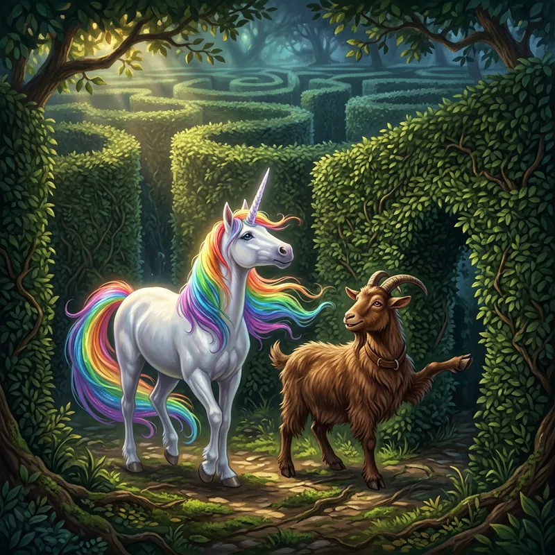 Enchanted Rainbow Unicorn and Brown Goat in Labyrinth Maze