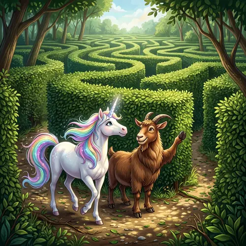 Sparkle the White Unicorn and Hooves the Friendly Goat in Labyrinth Forest Maze