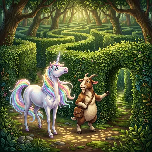 Whimsical Unicorn and Friendly Goat in Labyrinth Forest Maze