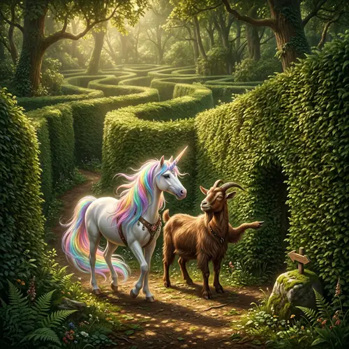 White Unicorn & Friendly Goat in Labyrinthine Forest Maze