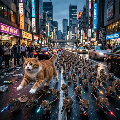 Urban Cat Chase: Dramatic Scene with Modern Gun-Wielding Mice