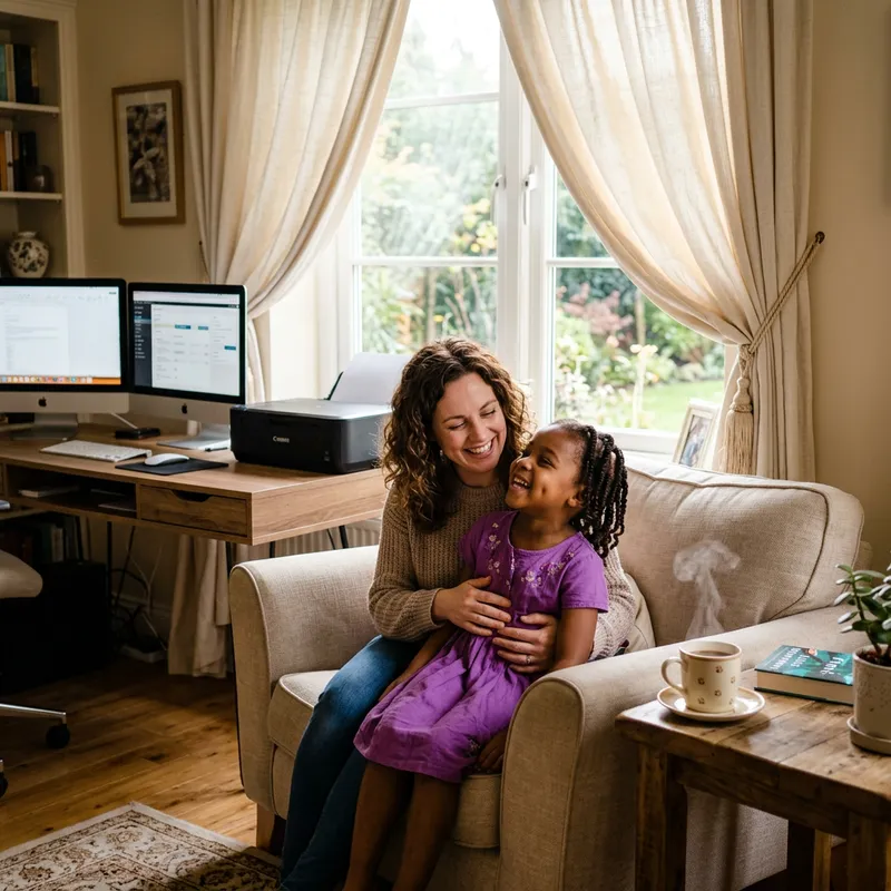 Warm Moment: Mother with Shoulder-Length Curly Hair & Daughter in Purple Dress