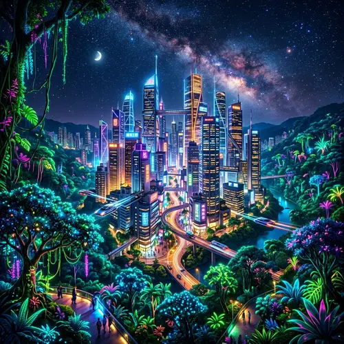 Glowing Skyscrapers in Neon Jungle at Night
