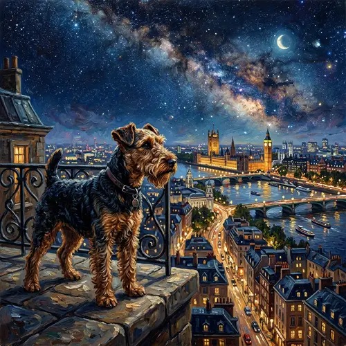 Welsh Terrier Under Starry City Night - Oil Painting