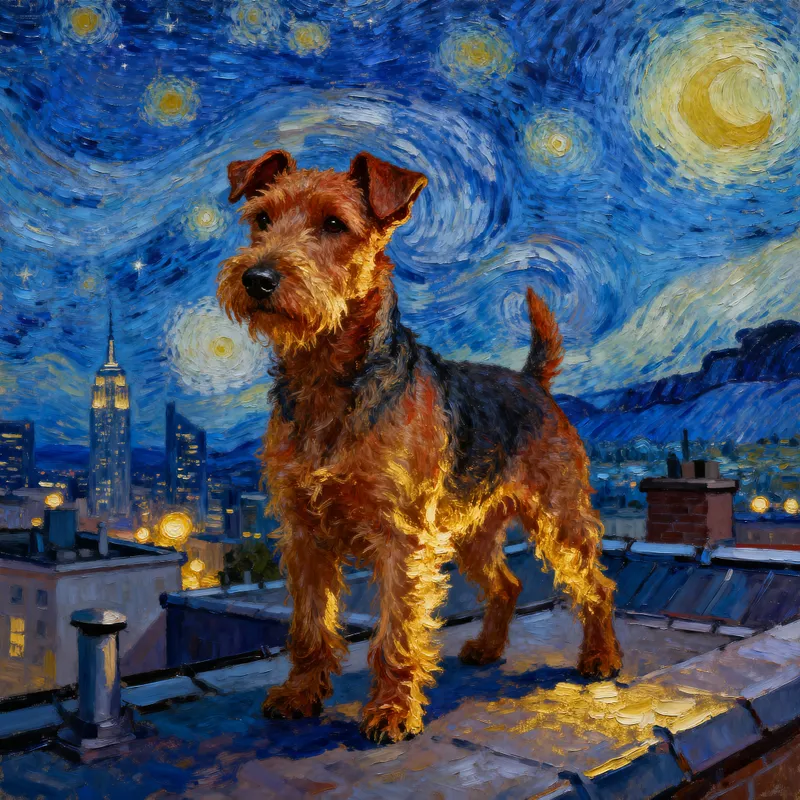 Welsh Terrier Under Starry City Night - Oil Painting