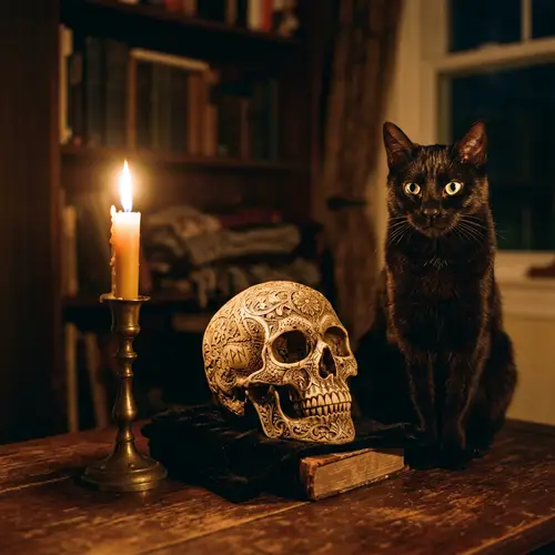 Lit Candle, Sleek Cat and Carved Skull - Mystical Atmosphere