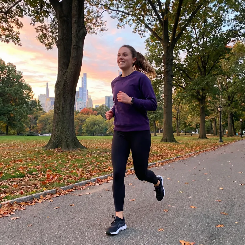 Young Caucasian Female Jogging in Urban Park | Autumn Morning Fitness
