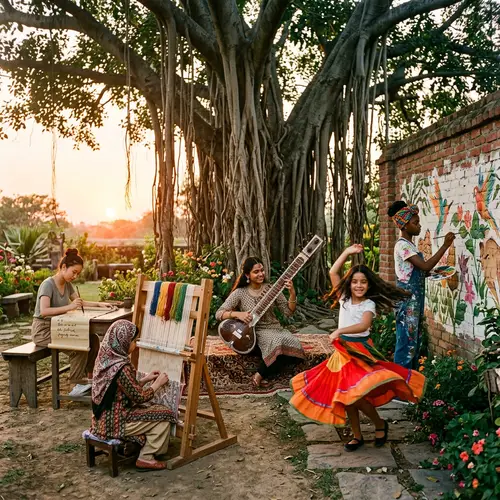 Diverse Girls Showcase Artistic Talents Under Banyan Tree