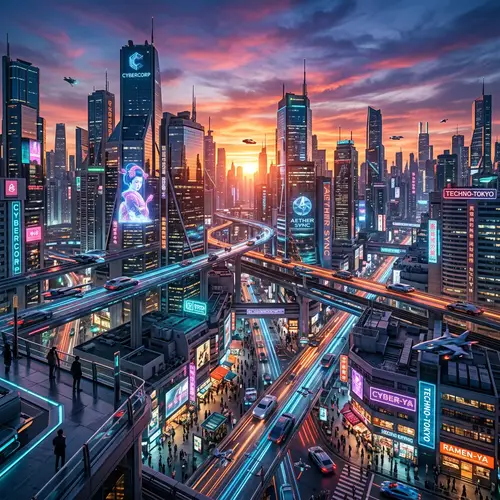 Futuristic Sunset Cityscape - Cyberpunk-Inspired Metropolis
