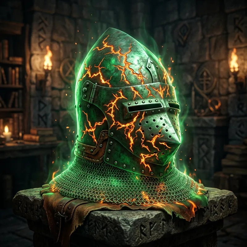 Magical Green Bascinet Helmet with Fiery Orange Veins Magical Green Bascinet Helmet with Fiery Orange Veins