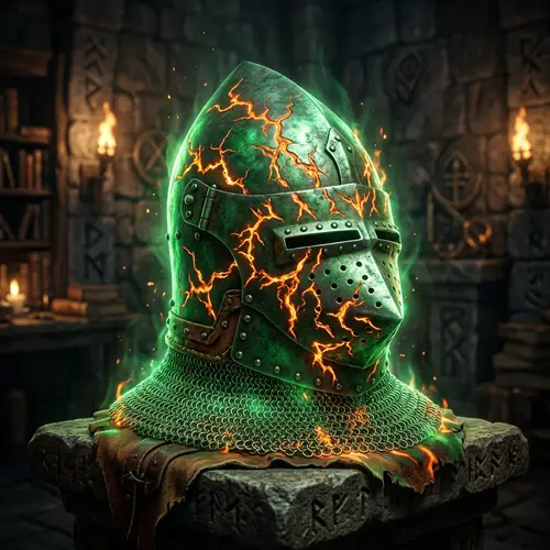 Magical Green Bascinet Helmet with Fiery Orange Veins