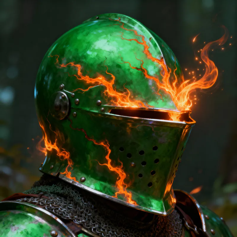 Magical Green Bascinet Helmet with Fiery Orange Veins