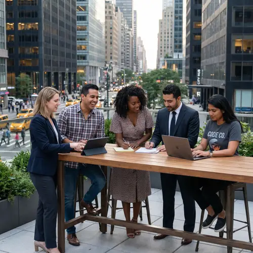 Diverse Collaboration in a Vibrant Cityscape