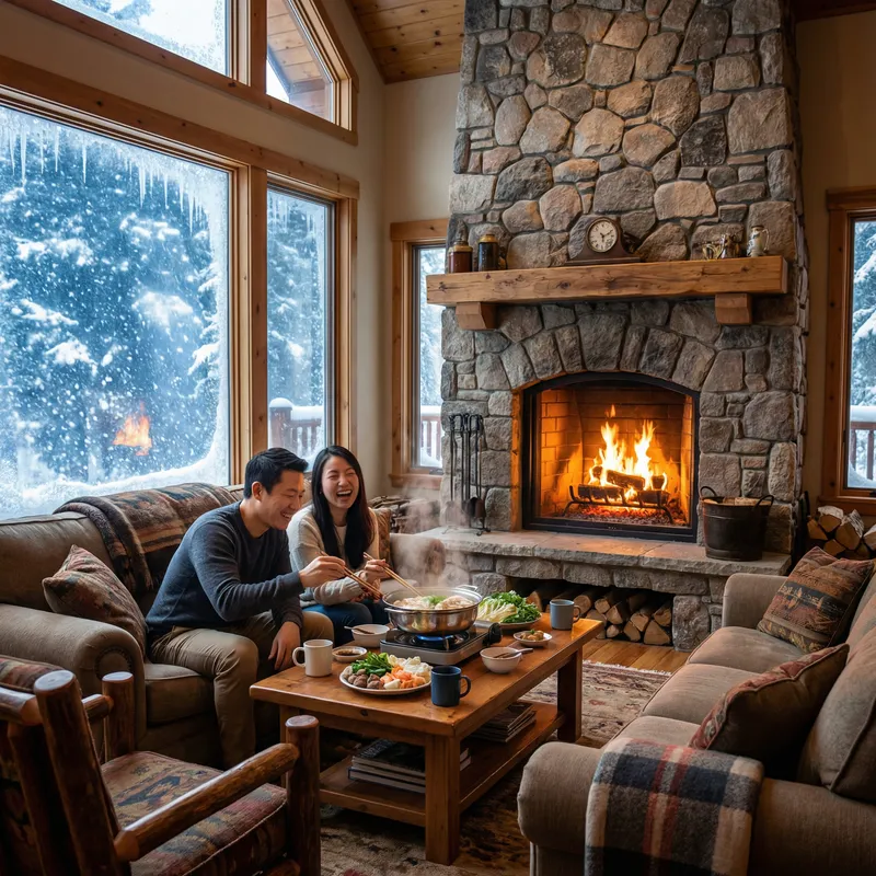 Cozy Winter Guesthouse Living Room with Fireplace and Hot Pot Scene