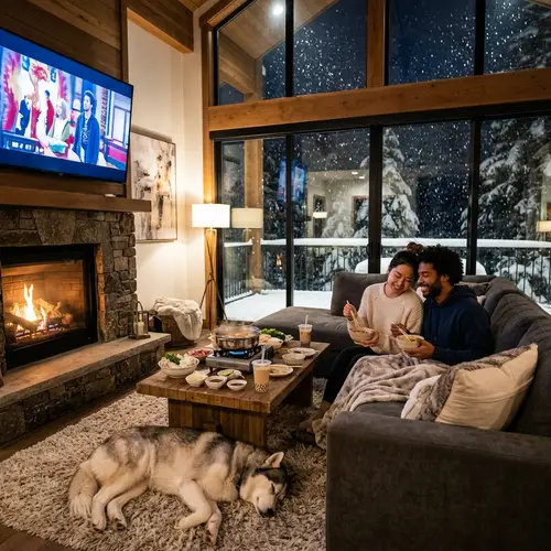Luxurious Winter Atmosphere in Large House with Diverse Couple and Husky