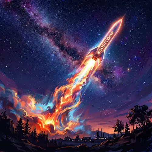BoostComp Rocket Blasting Off into Vibrant Evening Sky