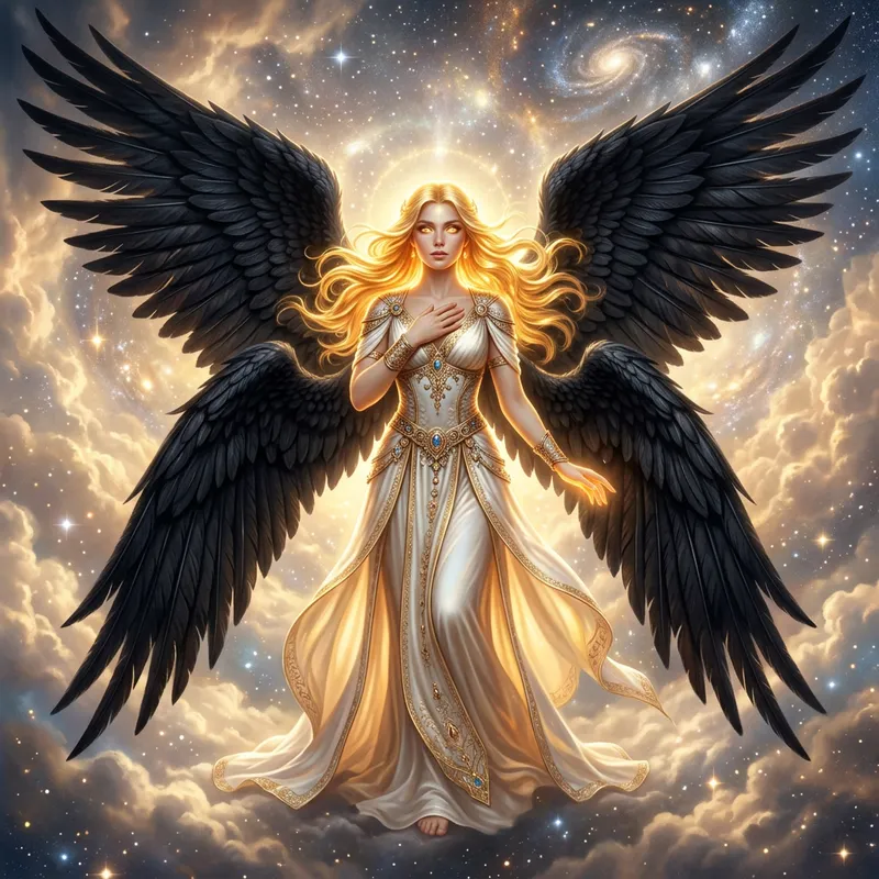 Golden-Haired Angel with Black Wings - Divine Beauty