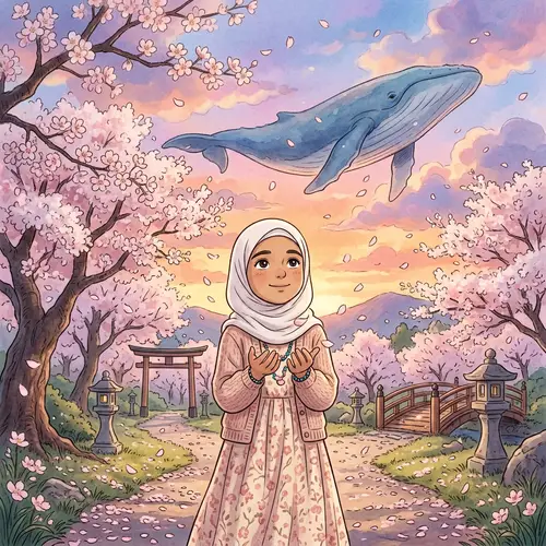 Middle-Eastern Girl in White Hijab amidst Sakura Flowers