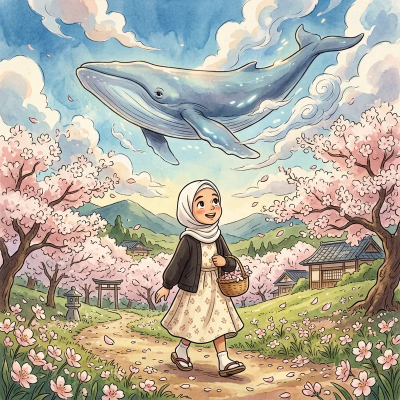Girl in White Hijab under Blue Whale with Sakura Flowers | Vintage Animation Art