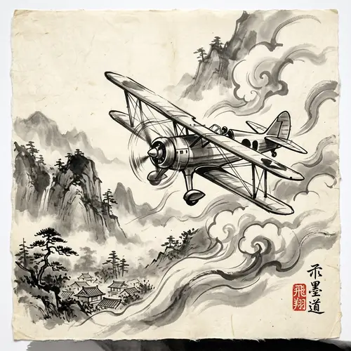 Airplane in Traditional Japanese Sumi Art