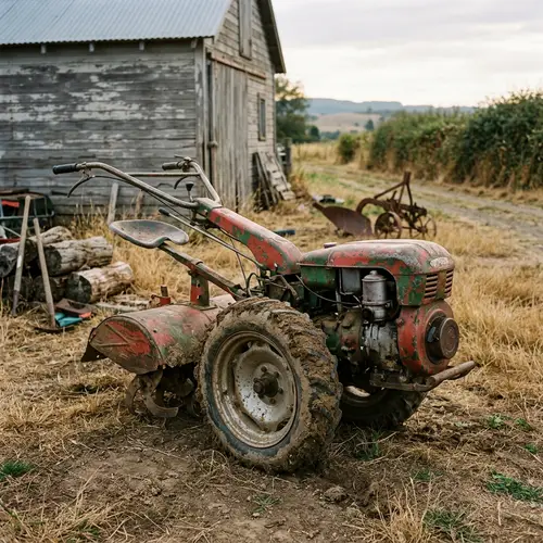 Vintage Motorized Cultivator in Rustic Setting