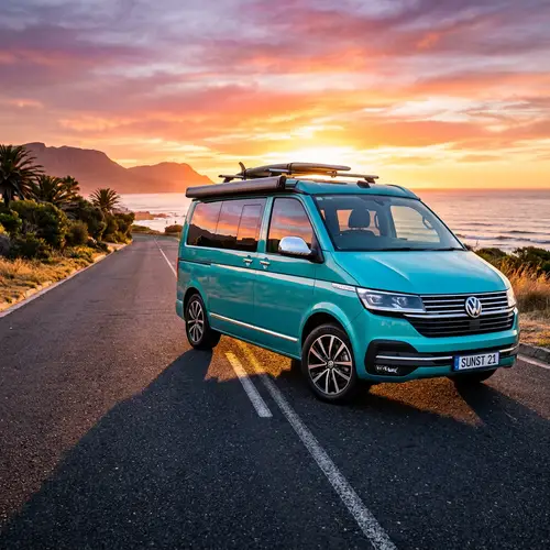 Stunning Modern Turquoise Van Against Sunset Backdrop