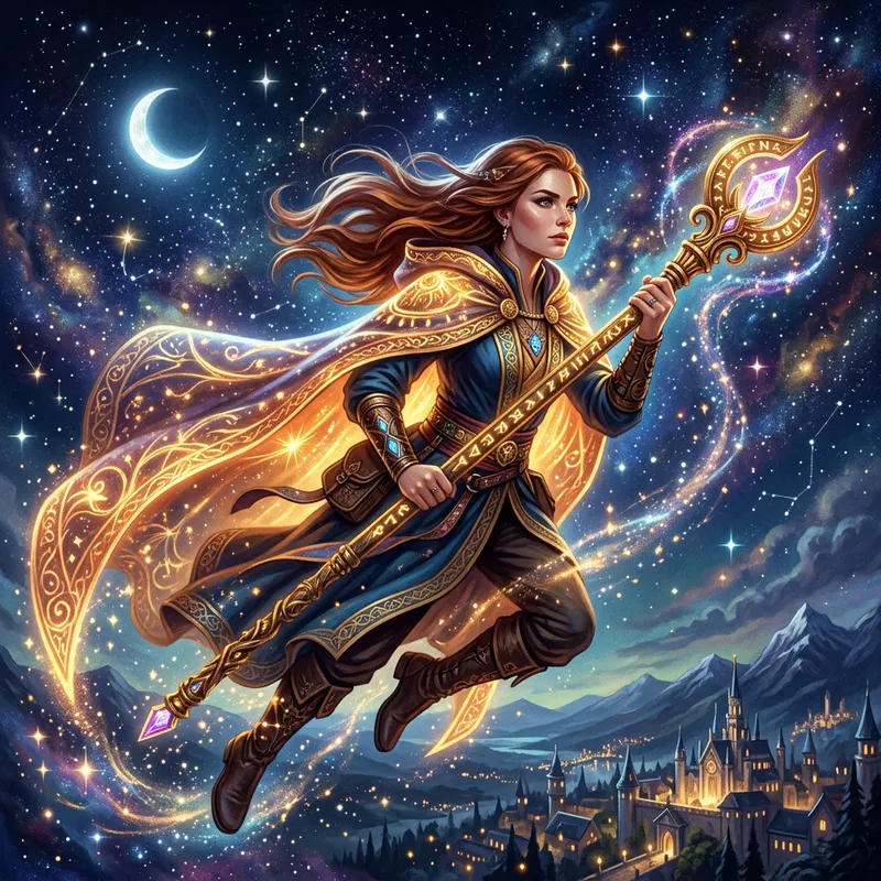 Woman Soaring High in Epic Fantasy | Mage Illustration Woman Soaring High in Epic Fantasy | Mage Illustration