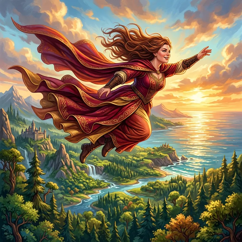 Curvy Woman Soaring High in Epic Fantasy Wilderness Scene