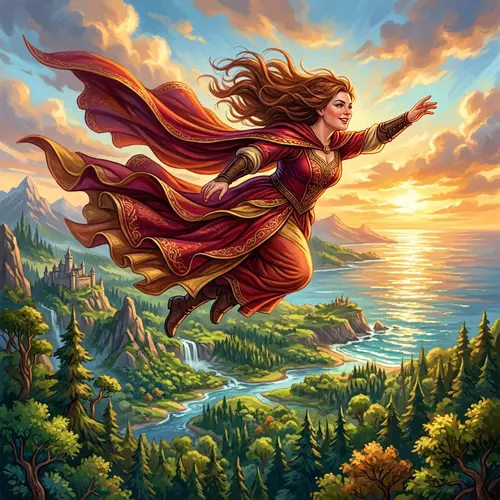 Curvy Woman Soaring High in Epic Fantasy Illustration