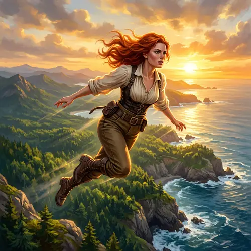 Epic Fantasy Illustration of Determined Woman Soaring High