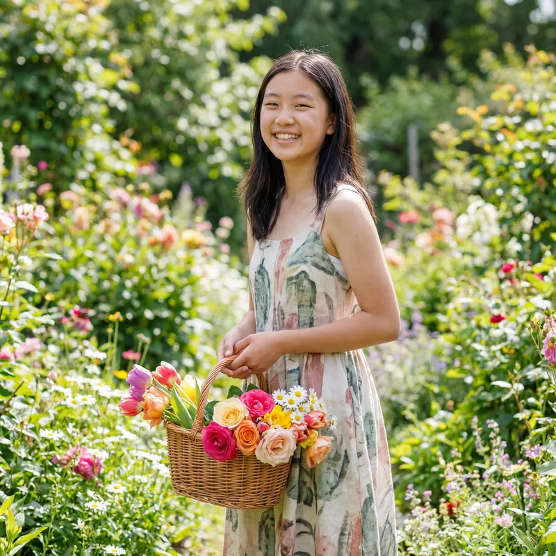 Scenic Summer Fantasy: Mid-Teens East Asian Girl Amid Colorful Flowers