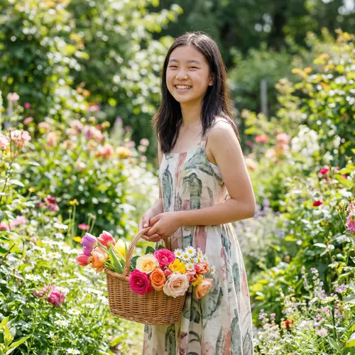 East Asian Girl in Traditional Summer Dress among Colorful Flowers