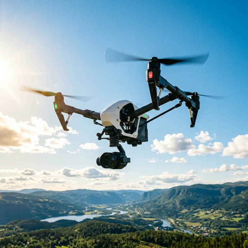 White Drone with High-Resolution Camera in Blue Sky White Drone with High-Resolution Camera in Blue Sky