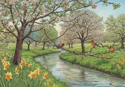 Spring River Landscape with Apple Trees & Blooms