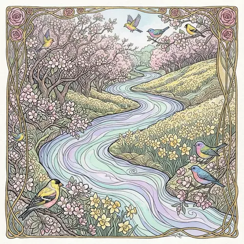 Spring River Landscape with Apple Trees & Blooms