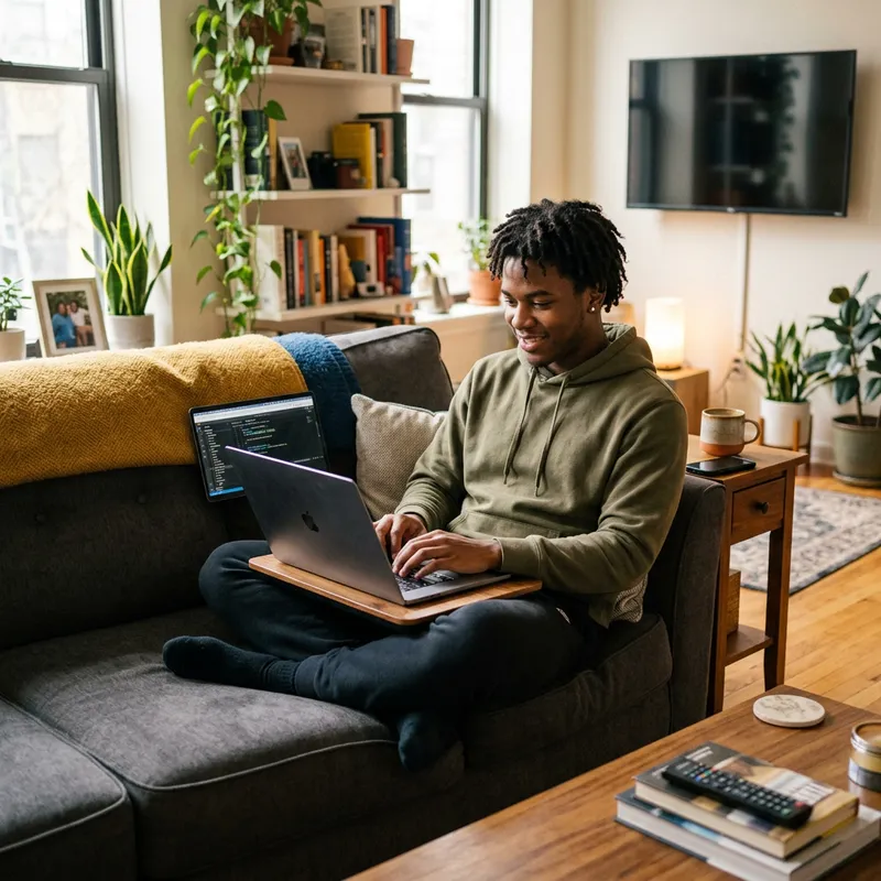 20-Year-Old Black Boy Using Computer in Living Room