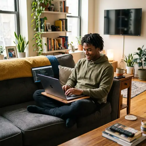 20-Year-Old Black Boy Using Computer in Living Room