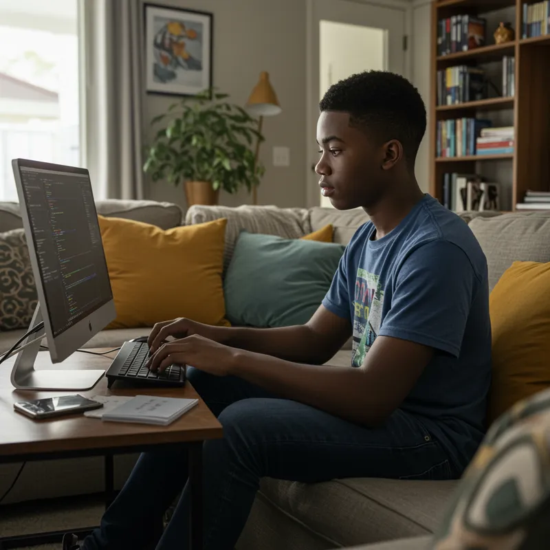 20-Year-Old Black Boy Using Computer in Living Room