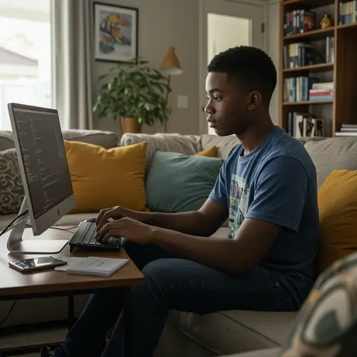20-Year-Old Black Boy Using Computer in Living Room