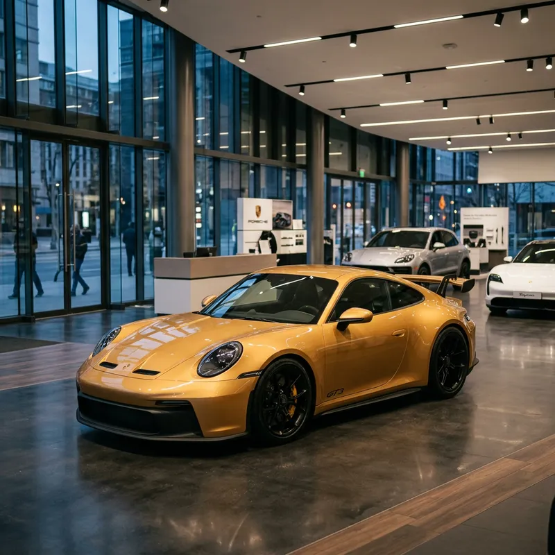 Gold Porsche Sports Car in Sleek Showroom