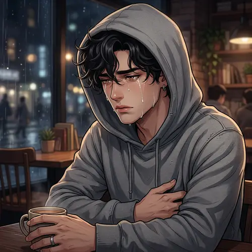 Mysterious Anime Male Character with Tears in Grey Hoodie