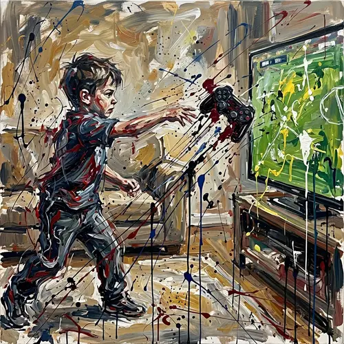 Frustrated Young Boy Playing Abstract Soccer Video Game