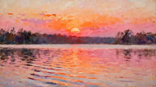Impressionist Sunset Over Tranquil Lake