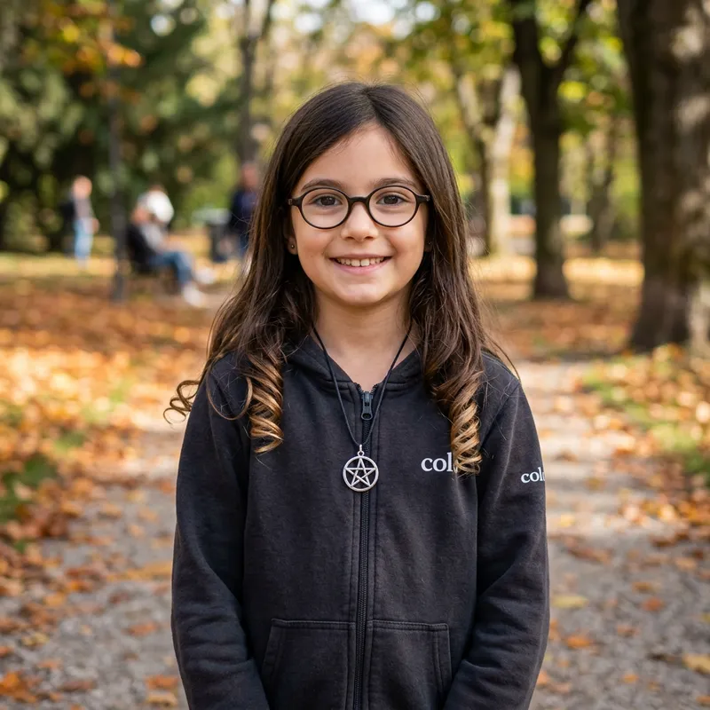 Dark Brown-Haired Girl in COL Hooded Jacket | Pentacle Pendant